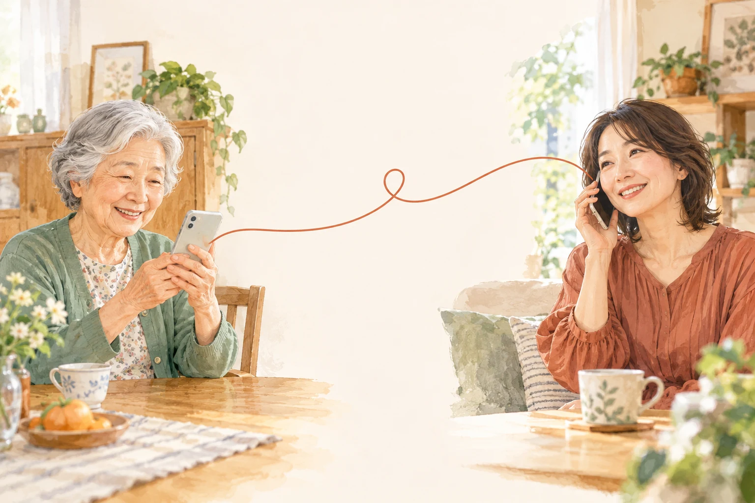 Illustration of a parent and adult child speaking by phone from their own homes